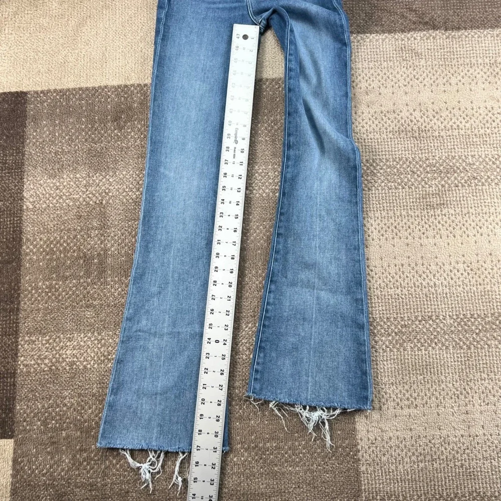 Paige Laurel Canyon High Rise Flare Jeans Blue Raw Hem Size 24 Womens Distressed